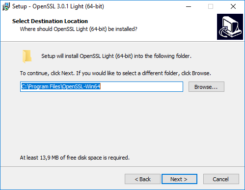 OpenSSL installation window prompting to select the destination location for the installation on Windows