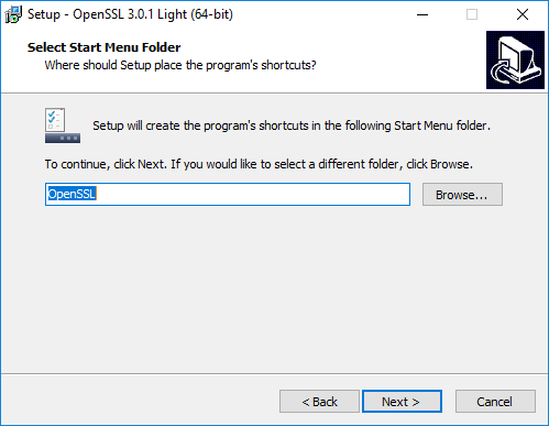 OpenSSL installation window prompting to select the Start Menu folder for program shortcuts on Windows