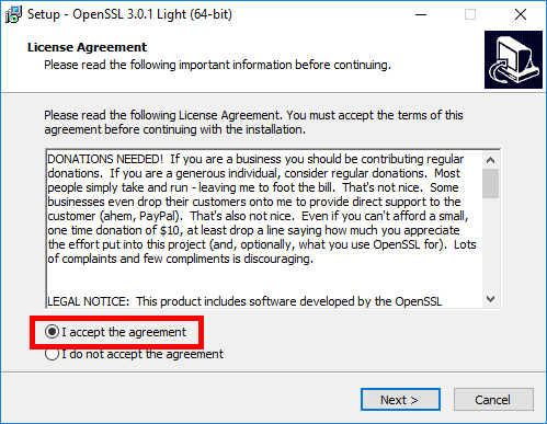 OpenSSL installation window showing the license agreement with the option to accept the agreement selected