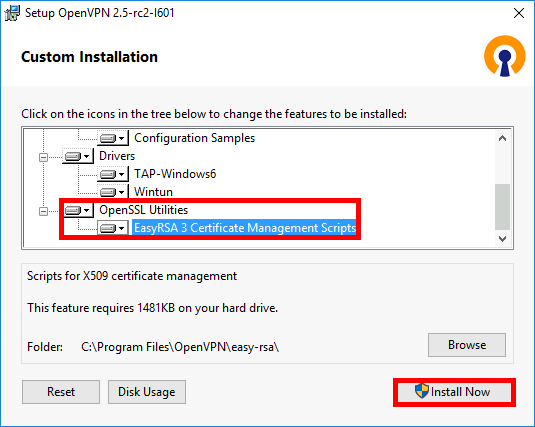 OpenVPN custom installation window showing the selection of EasyRSA 3 Certificate Management Scripts with an Install Now button highlighted