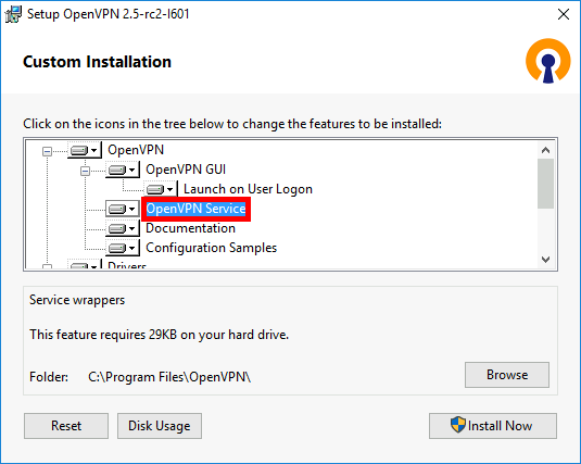 OpenVPN custom installation window showing options to select features, with OpenVPN Service highlighted