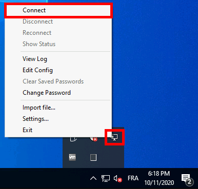 OpenVPN GUI taskbar icon menu showing the Connect option highlighted