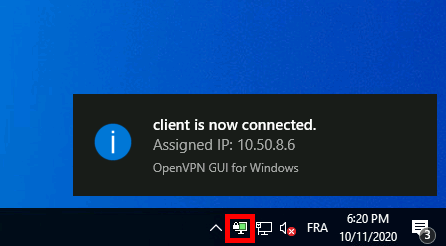 OpenVPN GUI notification showing that the client is now connected with an assigned IP address, displayed on the taskbar