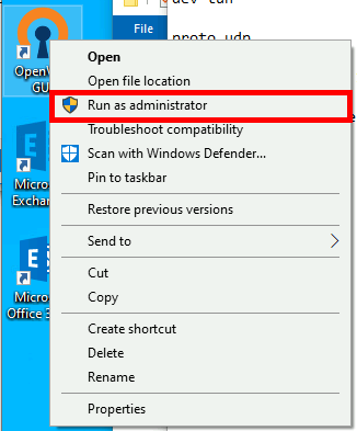 Context menu showing the option to run OpenVPN GUI as administrator on Windows