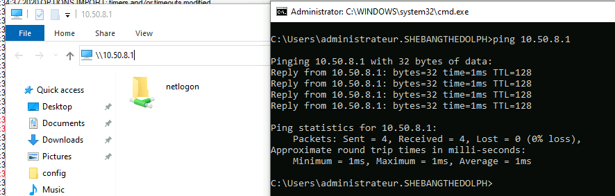 File Explorer and Command Prompt showing successful network connection and ping response to IP address 10.50.8.1 over OpenVPN