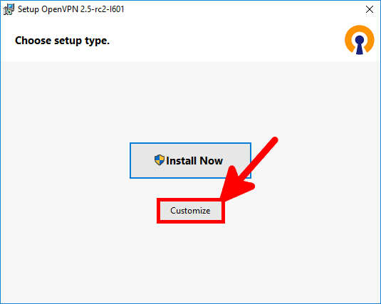 OpenVPN setup window showing options to Install Now or Customize, with an arrow pointing to the Customize button