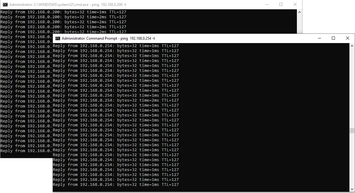 Command Prompt windows showing continuous ping results to two different IP addresses, 192.168.0.200 and 192.168.0.254