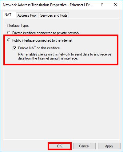 Network Address Translation Properties window showing the option to enable NAT on a public interface with OK button highlighted