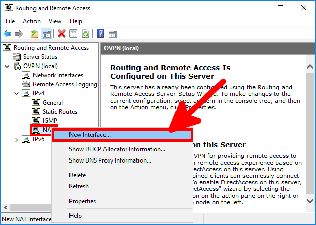 Routing and Remote Access console showing the option to create a new NAT interface with an arrow pointing to it