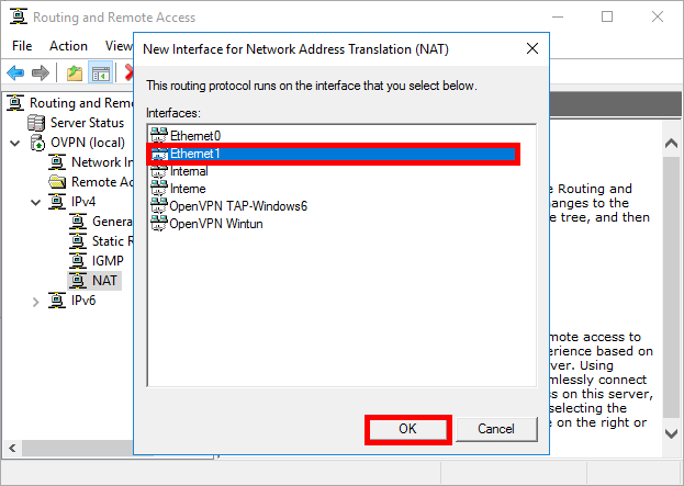 New Interface for NAT window in Routing and Remote Access, showing selection of Ethernet1 interface with OK button highlighted