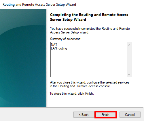 Completing the Routing and Remote Access Server Setup Wizard with a summary of selections and Finish button highlighted