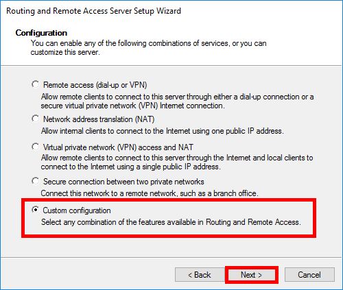 Routing and Remote Access Server Setup Wizard showing custom configuration option selected, with Next button highlighted