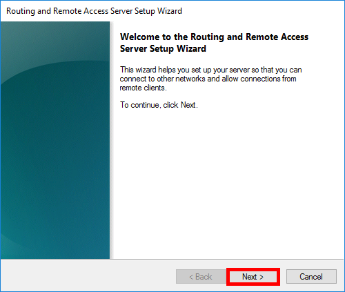 Routing and Remote Access Server Setup Wizard start screen with Next button highlighted