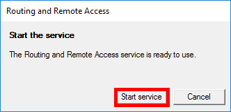 Routing and Remote Access dialog prompting to start the service with Start service button highlighted