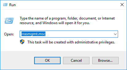 Run dialog in Windows with rrasmgmt.msc command entered to open RRAS management console with administrative privileges