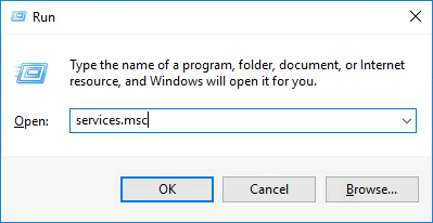 Run dialog in Windows with services.msc command entered to open the Services management console