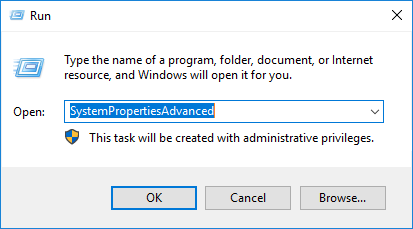 Windows Run dialog box with 'SystemPropertiesAdvanced' entered to open advanced system properties with administrative privileges