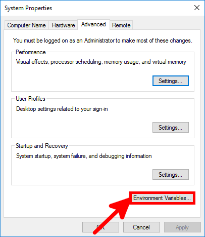 Windows System Properties window with the Environment Variables button highlighted for accessing system environment settings.