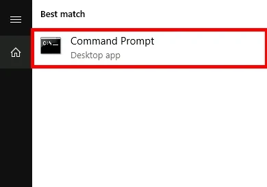 Windows search result showing Command Prompt desktop app as the best match