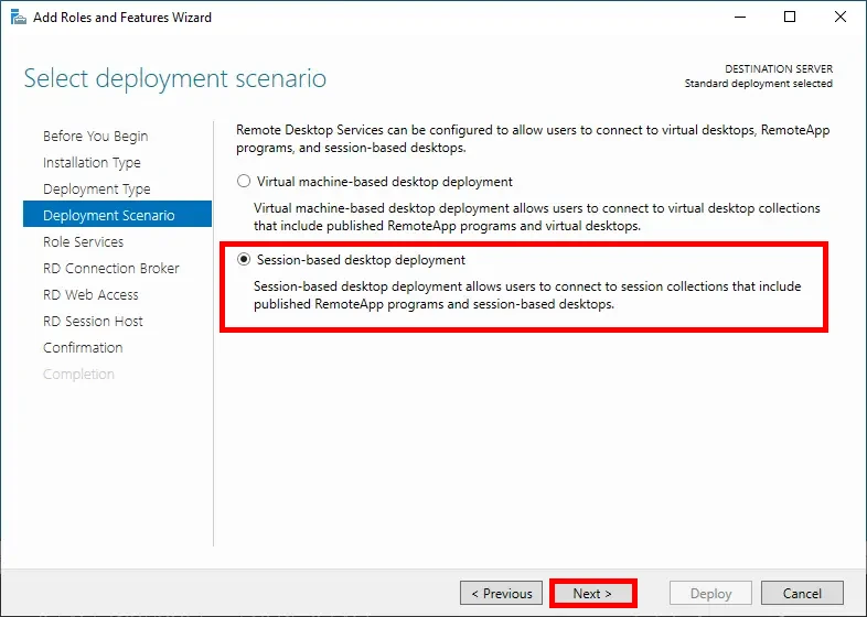 Deployment scenario step in the Add Windows Role and Functionality Wizard window, with the option of deploying desktops based on a selected session.