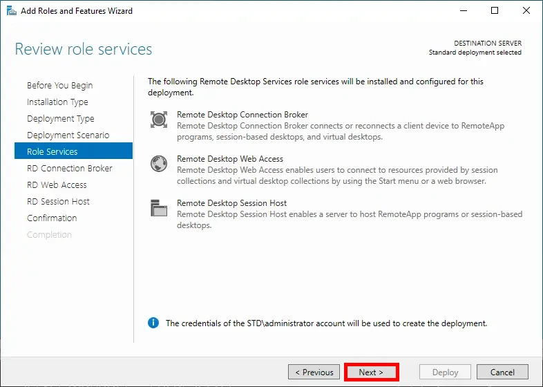 Role services step in the Add Windows Role and Functionality Wizard window