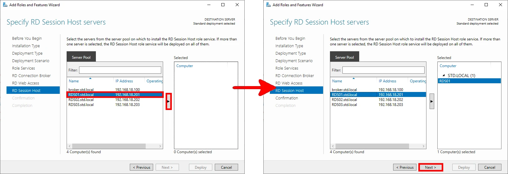 Step Specify remote desktop session host servers in the Windows Role and Feature Wizard window