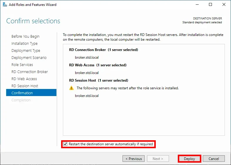 Step confirm the selections in the Windows role and functionality wizard window, with the option for automatic server restart checked