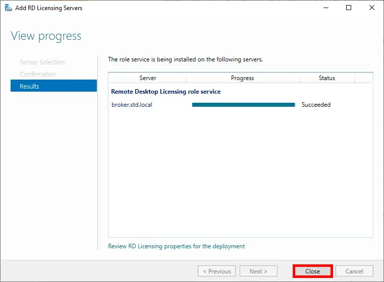 add session host server step window with installation results