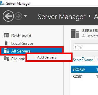 the server manager window, from which the add servers menu is launched