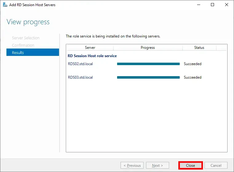 add session host server step window with installation results