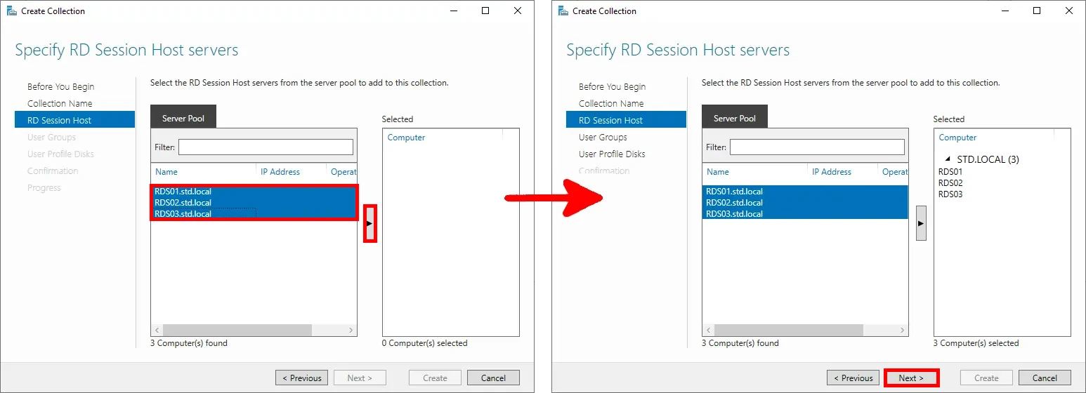 adding session host servers step in the RDS collection creation window
