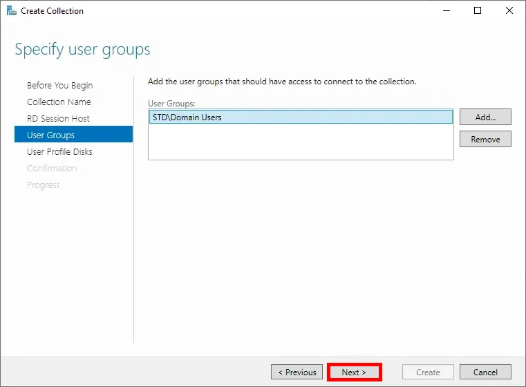 User groups step in the RDS collection creation window