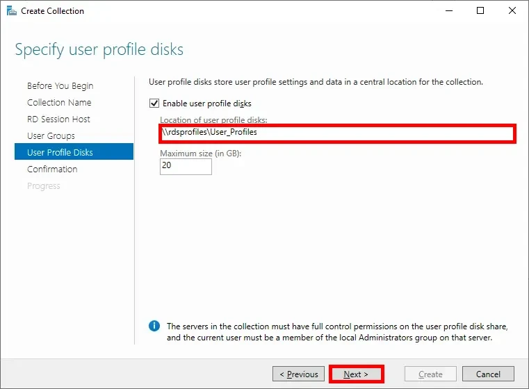 Disk profile step in the RDS collection creation window