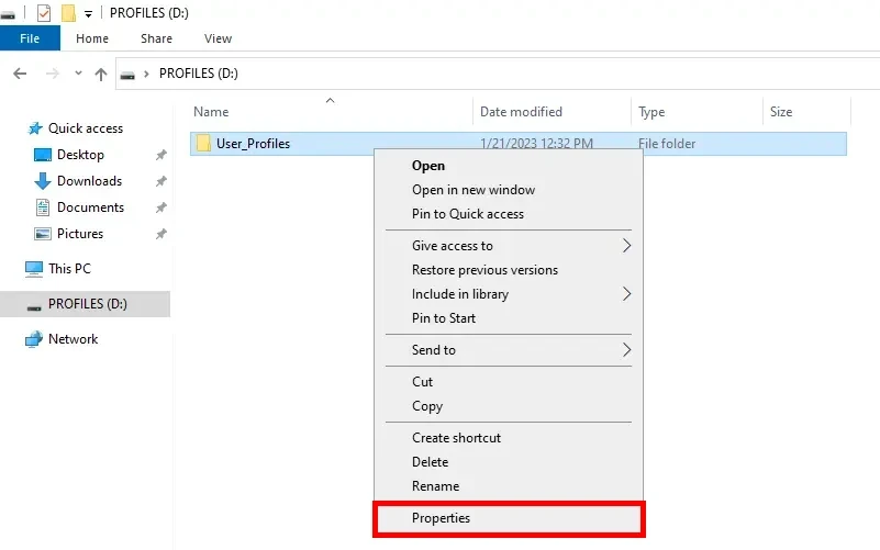 windows pop-up menu when right-clicking on a folder in windows explorer, with the properties parameter highlighted