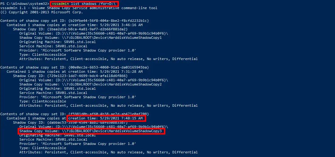 PowerShell | vssadmin list shadows result